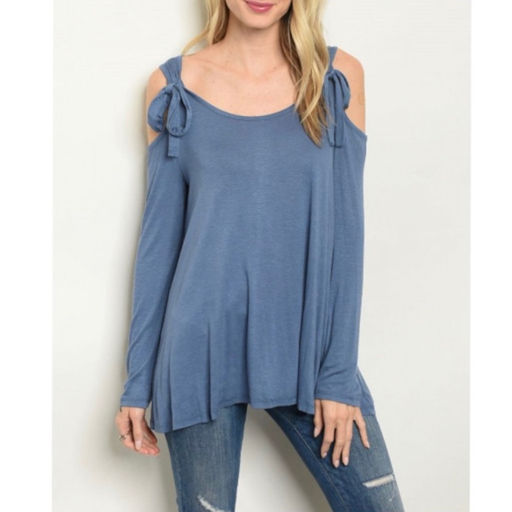 NEW Blue Ribbon Tied Cold Shoulder Tunic